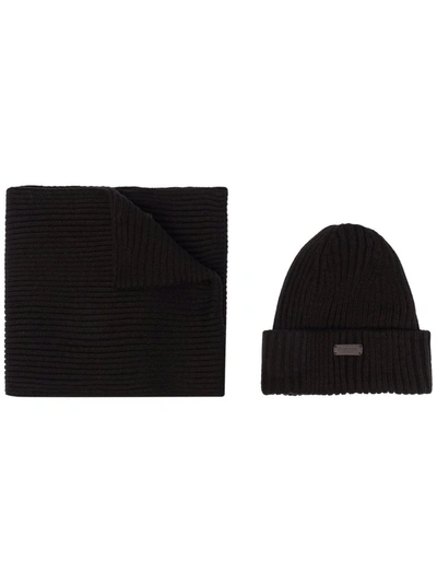 Barbour Ribbed Knit Scarf And Beanie In Black
