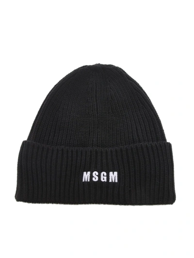 Msgm Ribbed Logo-embroidered Beanie In Black