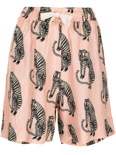 Desmond & Dempsey Sansindo Tiger Printed Linen Pyjama Shorts In Pink
