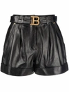 Balmain High Waist Lambskin Leather Belted Shorts In Schwarz