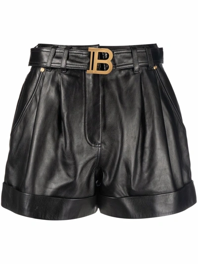 Balmain High Waist Lambskin Leather Belted Shorts In Pa Noir