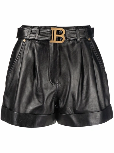 Balmain High Waist Lambskin Leather Belted Shorts In Noir