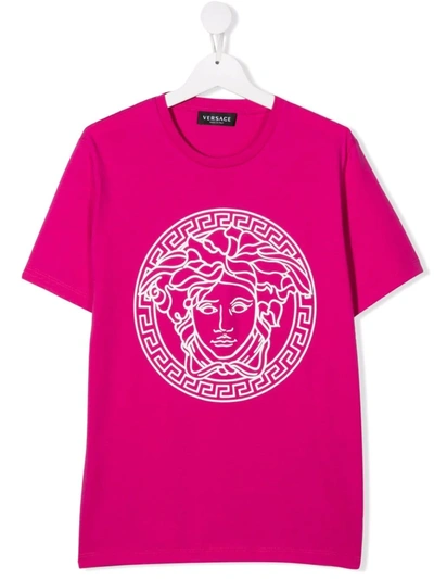 Versace Kids' Logo Crew-neck T-shirt In Pink