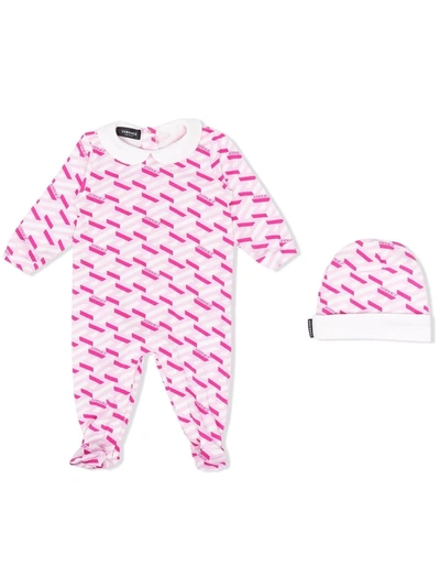 Versace Babies' 希腊风图案印花连体衣套装 In Pink