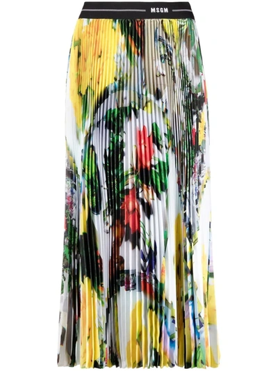 Msgm Floral-print Pleated Skirt In White