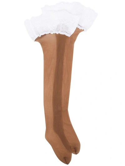 Wolford Lace-trim Hold-up Stockings In Brown