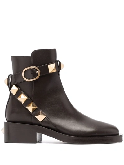 Valentino Garavani Leather Roman Stud Ankle Boots In Black