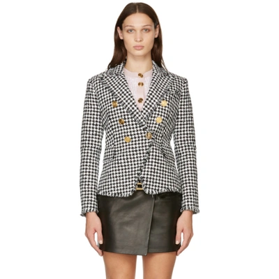 Balmain Double-breasted Houndstooth Tweed Jacket In Nero