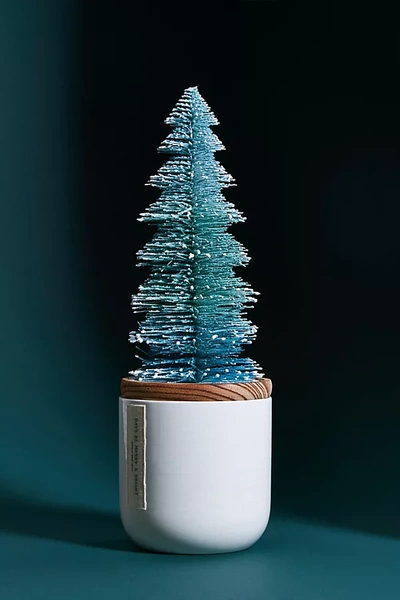 Anthropologie Frosted Bottle Brush Tree Candle In Blue