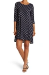 Nina Leonard 3/4 Sleeve Stretch Knit Swing Dress In Navy Ivory