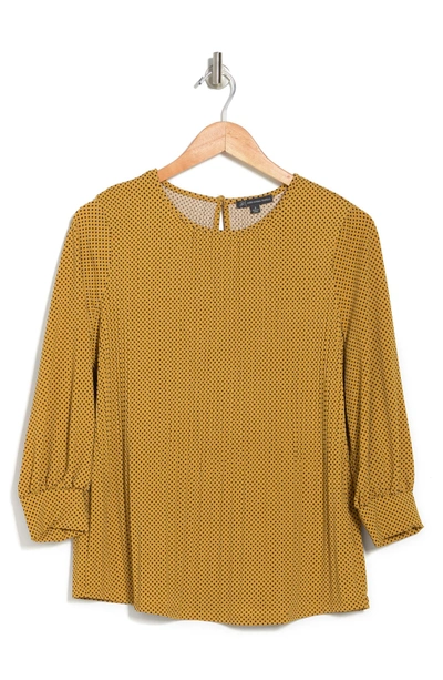 Adrianna Papell 3/4 Sleeve Pleated Moss Crepe Top In Harvest Gold/ Black Small Dot