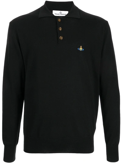 Vivienne Westwood Logo-embroidered Long-sleeve Polo Shirt In 黑色