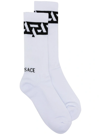 Versace Jacquard Logo Cotton Blend Socks In Bianco Nero