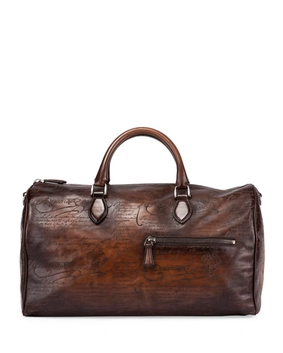 Berluti Jour-off Scritto Large Leather Duffel Bag, Brown