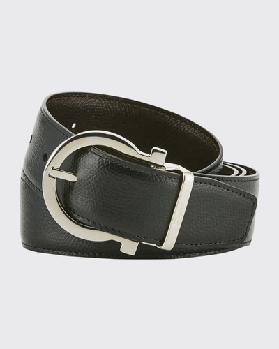Ferragamo Men's Stamped Leather Gancio Buckle Belt In Black / Hickory