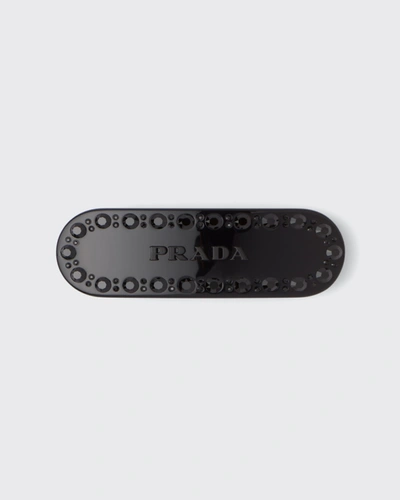 Prada Crystal Embellished Logo Hair Clip In Black