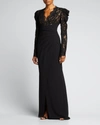 Tadashi Shoji Scallop Lace V-neck Long-sleeve Crepe Gown In Black/nude
