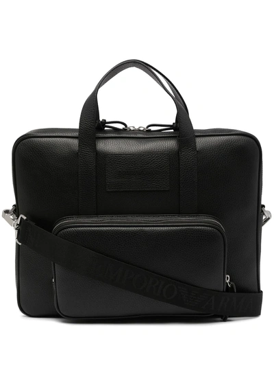Emporio Armani Leather Logo Patch Briefcase In Black