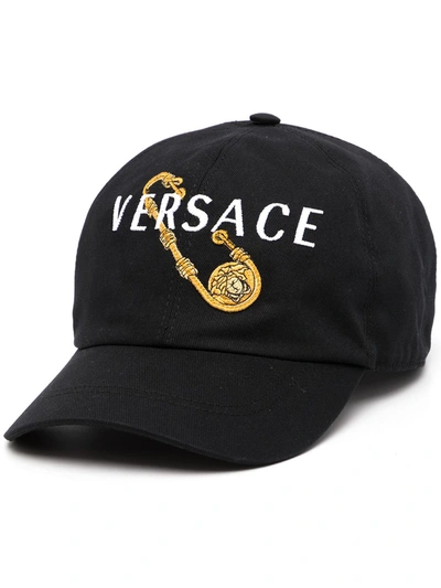 Versace Safety Pin Logo Embroidered Baseball Cap In Black