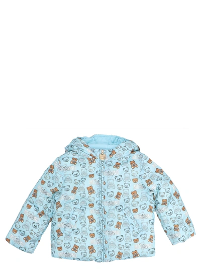 Moschino Babies' Logo Print Down Jacket In Light Blue