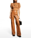 Alice And Olivia Dylan High Waist Wide Leg Pants In Black Faux Leather In Camel
