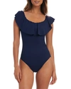 La Blanca Island Goddess Off-the-shoulder Ruffled Tummy-control One-piece Swimsuit Women's Swimsuit In Indigo