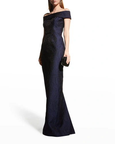 Rickie Freeman For Teri Jon Off-shoulder Jacquard Column Gown In Navy