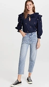 SOMETHING NAVY EMBROIDERED RUFFLE TOP,SNVYY30002