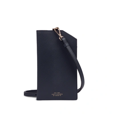Smythson Folded Phone Case With Strap In Panama In Navy