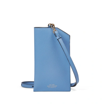 Smythson Folded Phone Case With Strap In Panama In Nile Blue