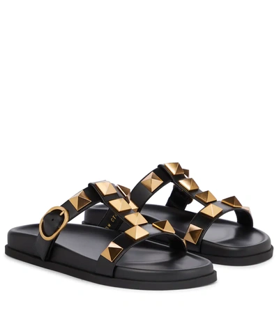 Valentino Garavani Roman Stud Leather Slides In Black