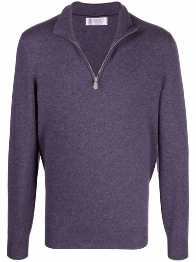 Brunello Cucinelli Short-zip Pullover Cashmere Jumper In Purple