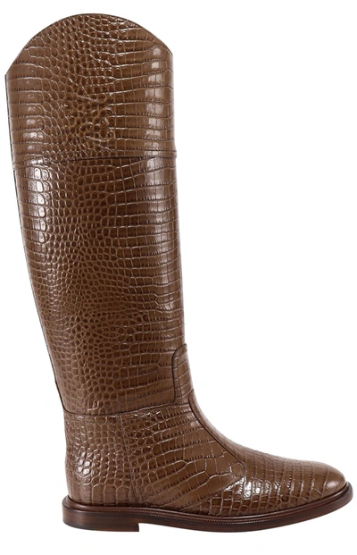 Fendi Karligraphy Croc-effect Knee-high Boots In Brown