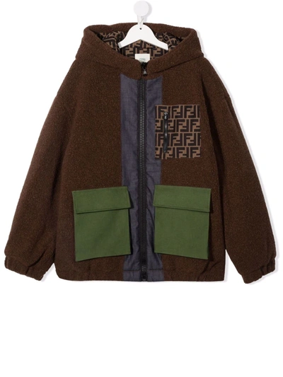 Fendi Kids' Hooded Shearling Patchwork Jacket In Brown