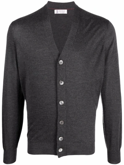 Brunello Cucinelli V-neck Cashmere-silk Cardigan In Grey