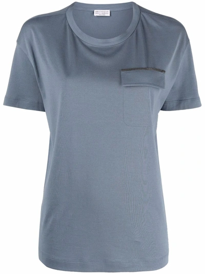 Brunello Cucinelli Bead-embellished Shortsleeved T-shirt In Oxford Bleu