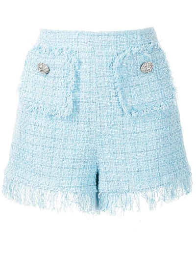 Blumarine Tweed Fringed Shorts In Blue