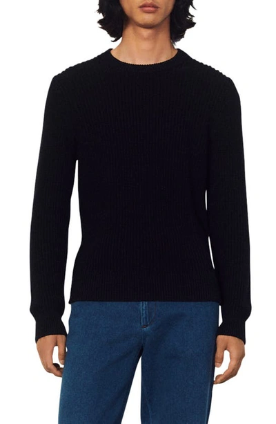 Sandro Rib Organic Cotton & Silk Crewneck Sweater In Navy Blue