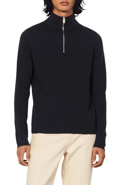 Sandro Wool Sweater With Zipped Collar In Charcoal Grey