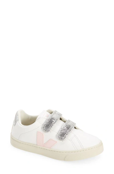 Veja Kids' White And Pink Esplar Leather Sneakers