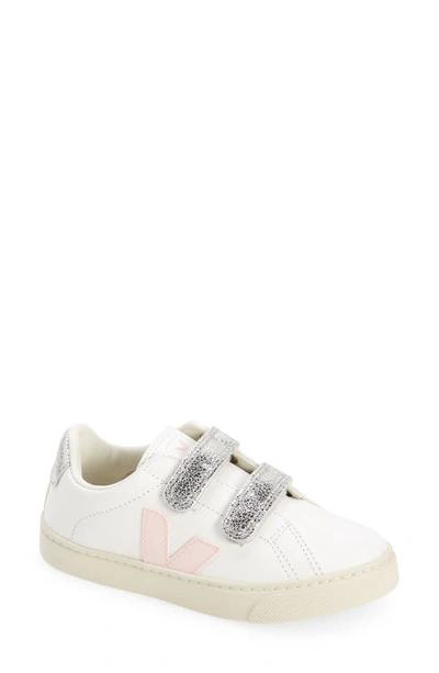 Veja Kids' White And Pink Esplar Leather Sneakers In Extra White Petale Silver