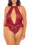 Oh La La Cheri Plunge Keyhole Lace Teddy In Dkred09