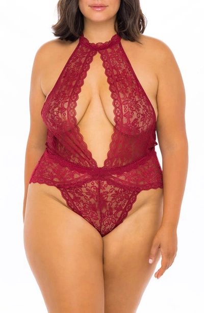 Oh La La Cheri Plunge Keyhole Lace Teddy In Dkred09