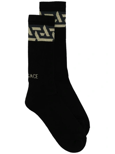 Versace Logo-print Ribbed Socks In Black