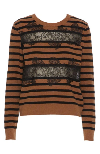 Valentino Lace Detail Stripe Virgin Wool Sweater In Camel/ Black