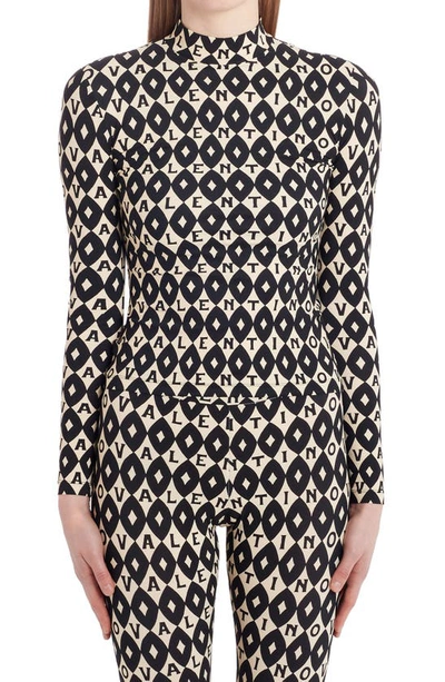 Valentino Archive Logo Print Long Sleeve Jersey Top In Ivory/ Black