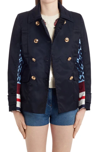 Valentino Archive Print Double Breasted Nylon Peacoat In Light Blue/blue