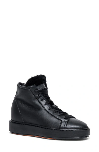 Santoni Genuine Shearling Lined High Top Sneaker In Black