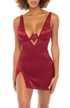 Oh La La Cheri Plunge Neck Underwire Chemise With Lace Inset In Dkred09