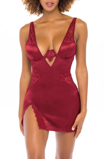 Oh La La Cheri Plunge Neck Underwire Chemise With Lace Inset In Dkred09